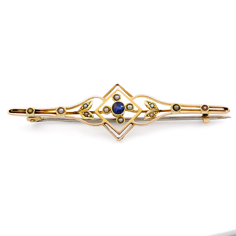 15ct Gold Sapphire/Pearl Bar Brooch